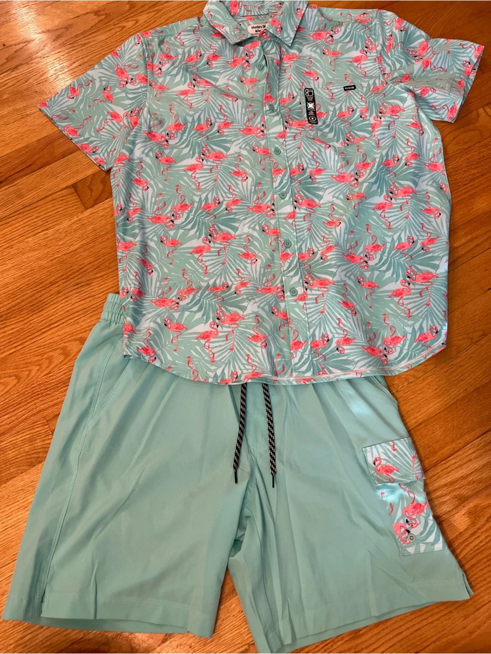 Hurley Aqua Flamingo Short Sleeve shirt & swim trunks Set - Mint & Pink